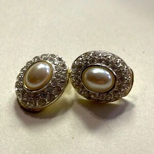 Vendome Domed Faux Pearl Crystal Ear Clips Vintage 1960s Gift for Her silvertone